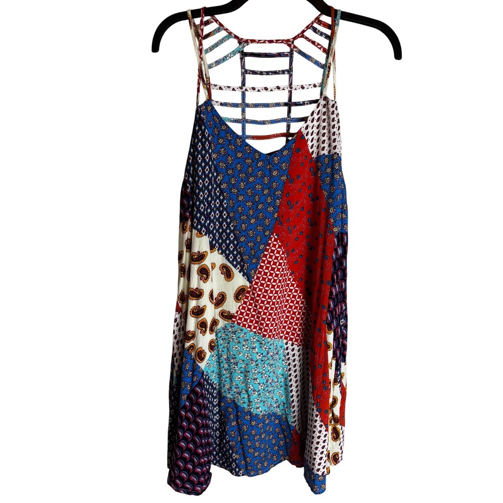 Entro Womens Patchwork Paisley Strappy Ladder Back Mini Dress D4991 Blue Red L
